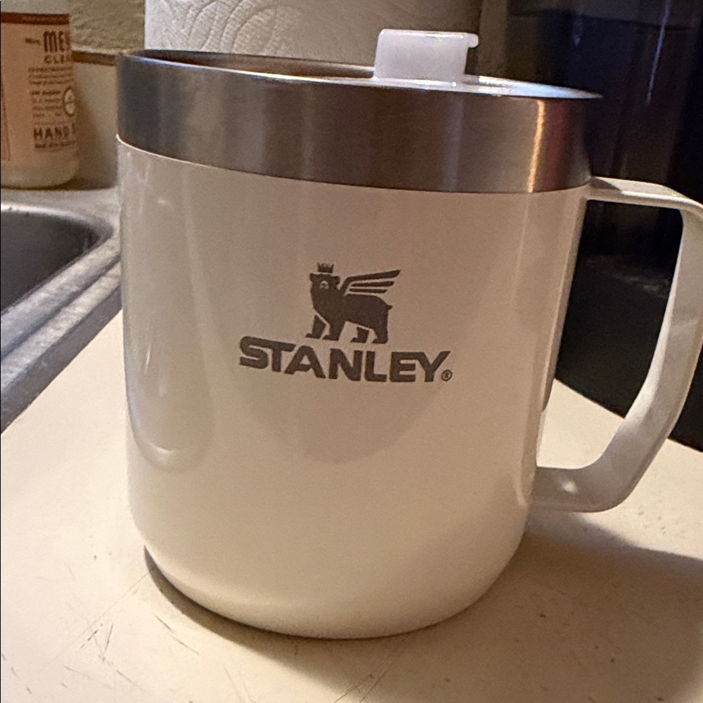 Stanley Cream Insulated Travel Mug with Handle and Silver Trim